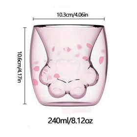 1pc Cat Claw Glass Cup; Creative Insulated Glass Double Layer Coffee Cup High Borosilicate Tea Cup Household Cute Transparent Cat Paw Glass Water (Color: Pink)